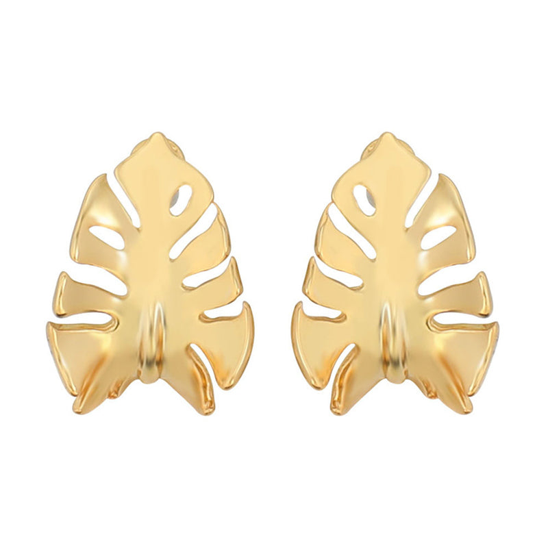 Geometric Leaf Design Stud Earrings in Genuine Gold Plating