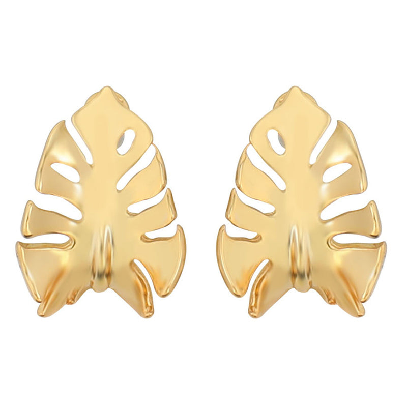 Geometric Leaf Design Stud Earrings in Genuine Gold Plating