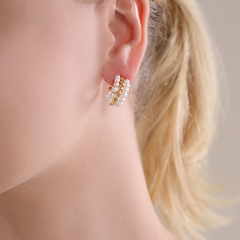Geometric Pearl Accent Stud Earrings with 925 Silver Posts - Gold & White Gold Minimalist Design