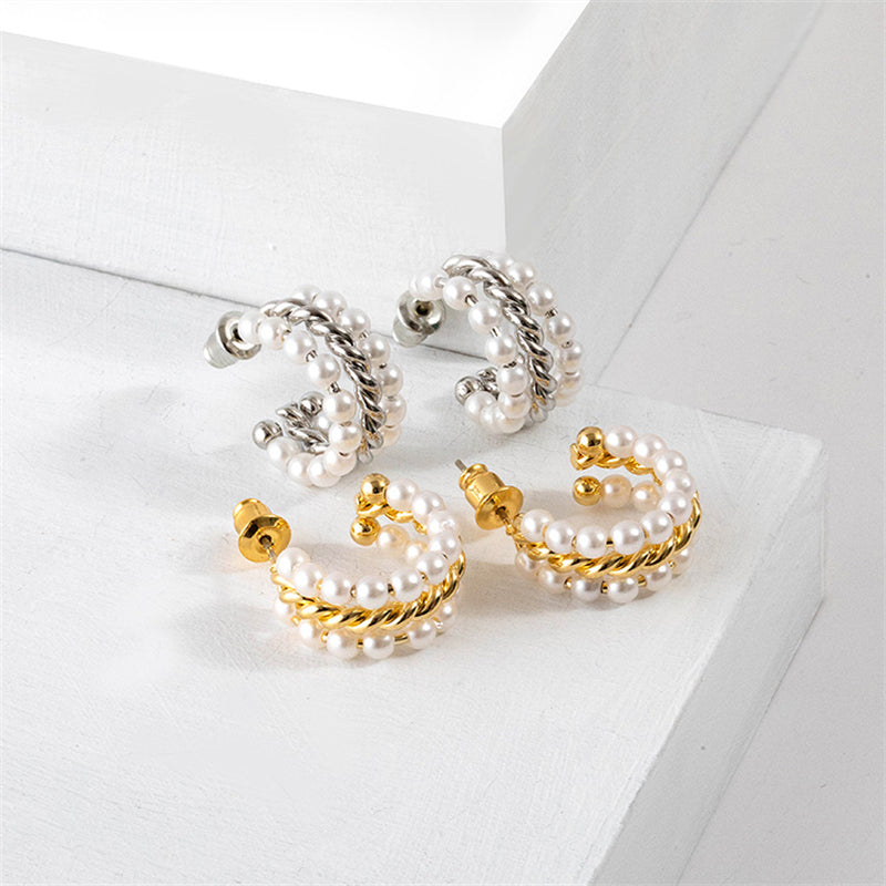 Geometric Pearl Accent Stud Earrings with 925 Silver Posts - Gold & White Gold Minimalist Design