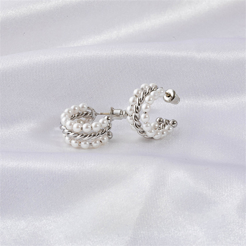 Geometric Pearl Accent Stud Earrings with 925 Silver Posts - Gold & White Gold Minimalist Design