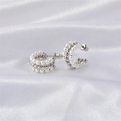 Geometric Pearl Accent Stud Earrings with 925 Silver Posts - Gold & White Gold Minimalist Design