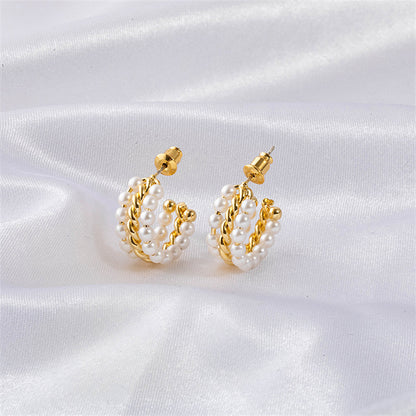 Geometric Pearl Accent Stud Earrings with 925 Silver Posts - Gold & White Gold Minimalist Design