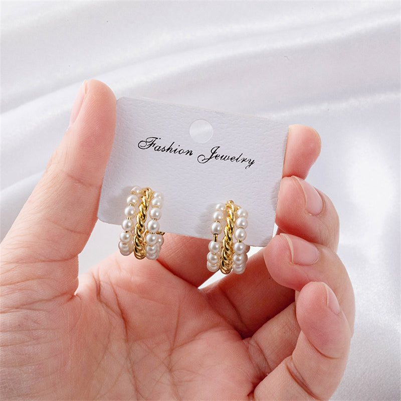 Geometric Pearl Accent Stud Earrings with 925 Silver Posts - Gold & White Gold Minimalist Design