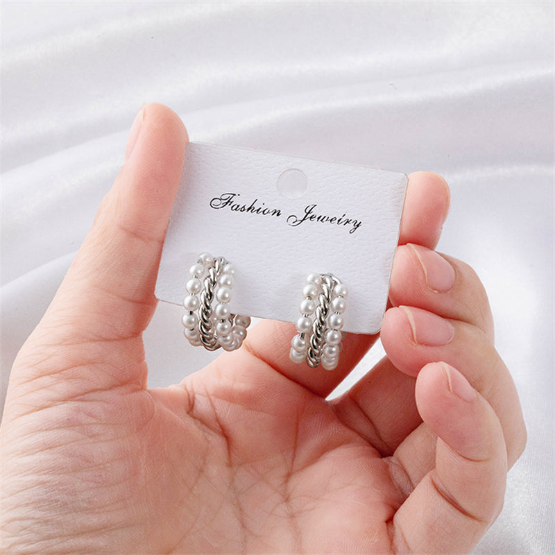 Geometric Pearl Accent Stud Earrings with 925 Silver Posts - Gold & White Gold Minimalist Design