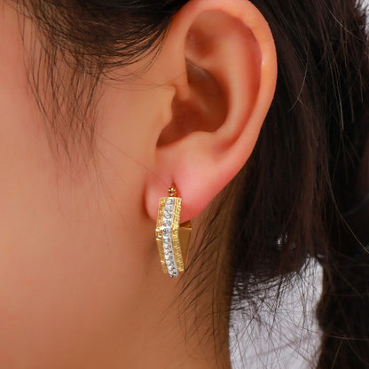Geometric Square Gold Plated Stud Earrings - Brass & Stainless Steel Light Luxury Jewelry for Women