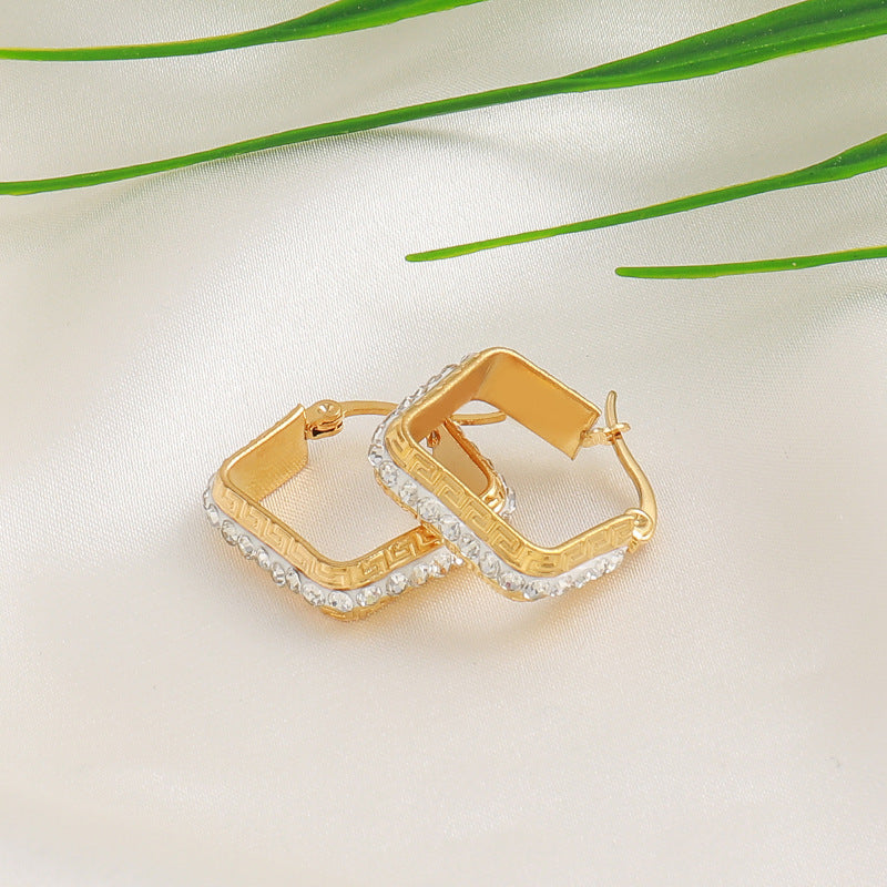 Geometric Square Gold Plated Stud Earrings - Brass & Stainless Steel Light Luxury Jewelry for Women