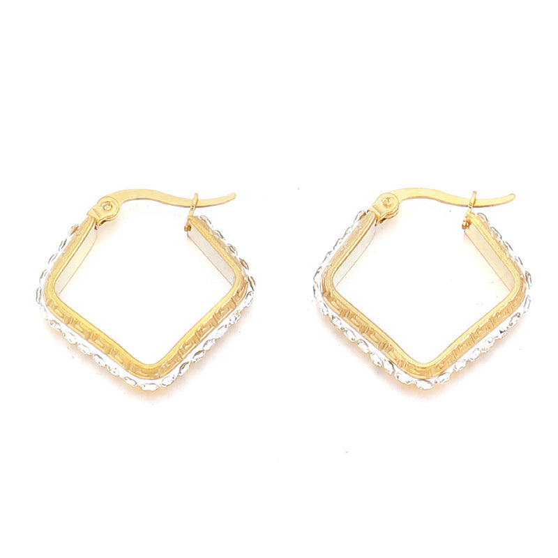Geometric Square Gold Plated Stud Earrings - Brass & Stainless Steel Light Luxury Jewelry for Women