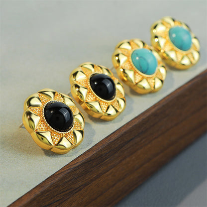 Handcrafted Geometric Black Onyx & Blue Turquoise Stud Earrings in Gold