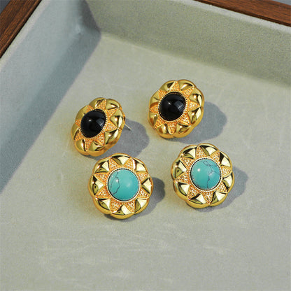 Handcrafted Geometric Black Onyx & Blue Turquoise Stud Earrings in Gold