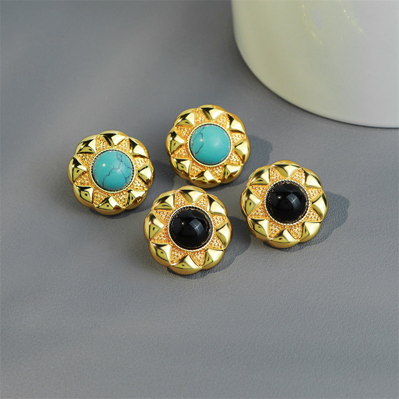 Handcrafted Geometric Black Onyx & Blue Turquoise Stud Earrings in Gold