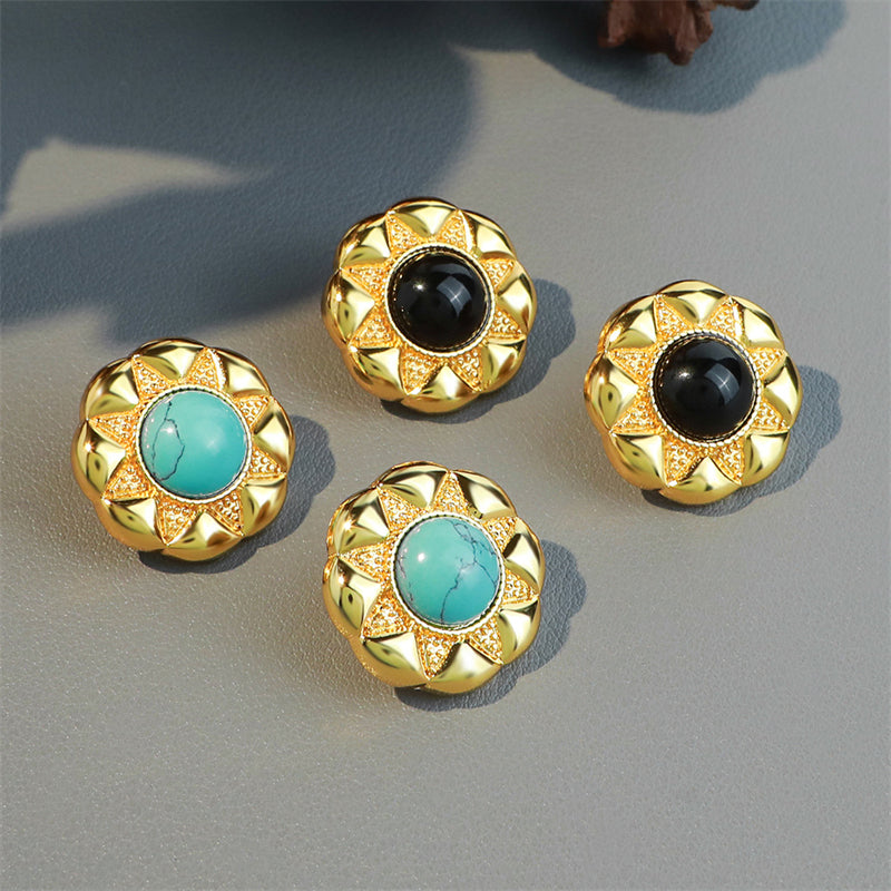 Handcrafted Geometric Black Onyx & Blue Turquoise Stud Earrings in Gold