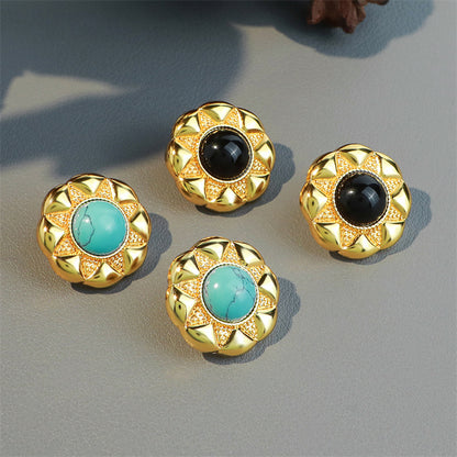 Handcrafted Geometric Black Onyx & Blue Turquoise Stud Earrings in Gold