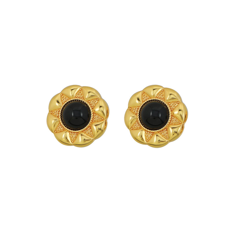 Handcrafted Geometric Black Onyx & Blue Turquoise Stud Earrings in Gold