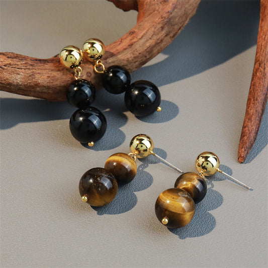 Handcrafted Geometric Tiger Eye & Black Onyx Drop Earrings in Gold Plating