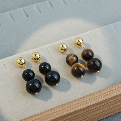 Handcrafted Geometric Tiger Eye & Black Onyx Drop Earrings in Gold Plating