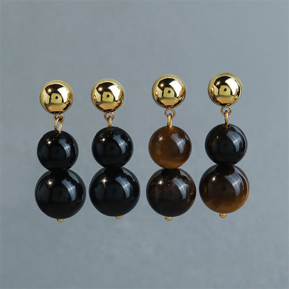 Handcrafted Geometric Tiger Eye & Black Onyx Drop Earrings in Gold Plating