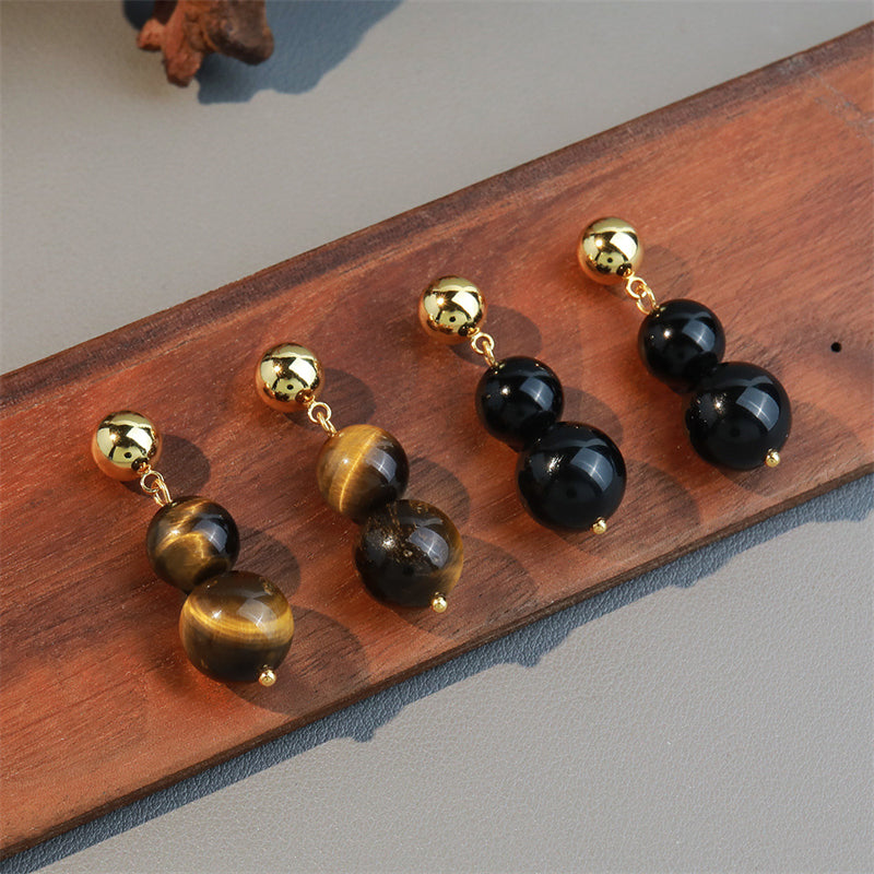 Handcrafted Geometric Tiger Eye & Black Onyx Drop Earrings in Gold Plating