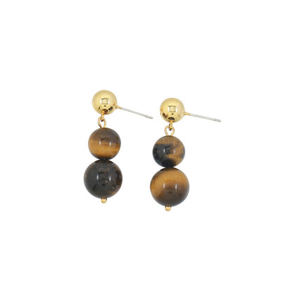 Handcrafted Geometric Tiger Eye & Black Onyx Drop Earrings in Gold Plating