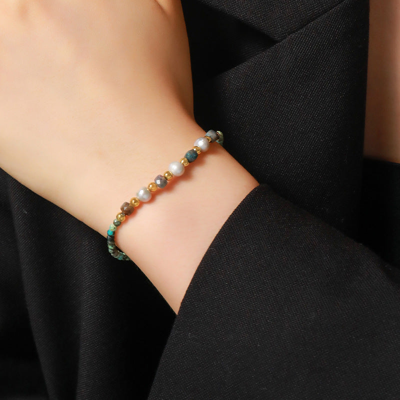 Handmade Bohemian Circular Geometric Bracelet - Genuine Gold Plated with Natural Stones, Stainless Steel & Freshwater Pearls