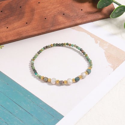 Handmade Bohemian Circular Geometric Bracelet - Genuine Gold Plated with Natural Stones, Stainless Steel & Freshwater Pearls