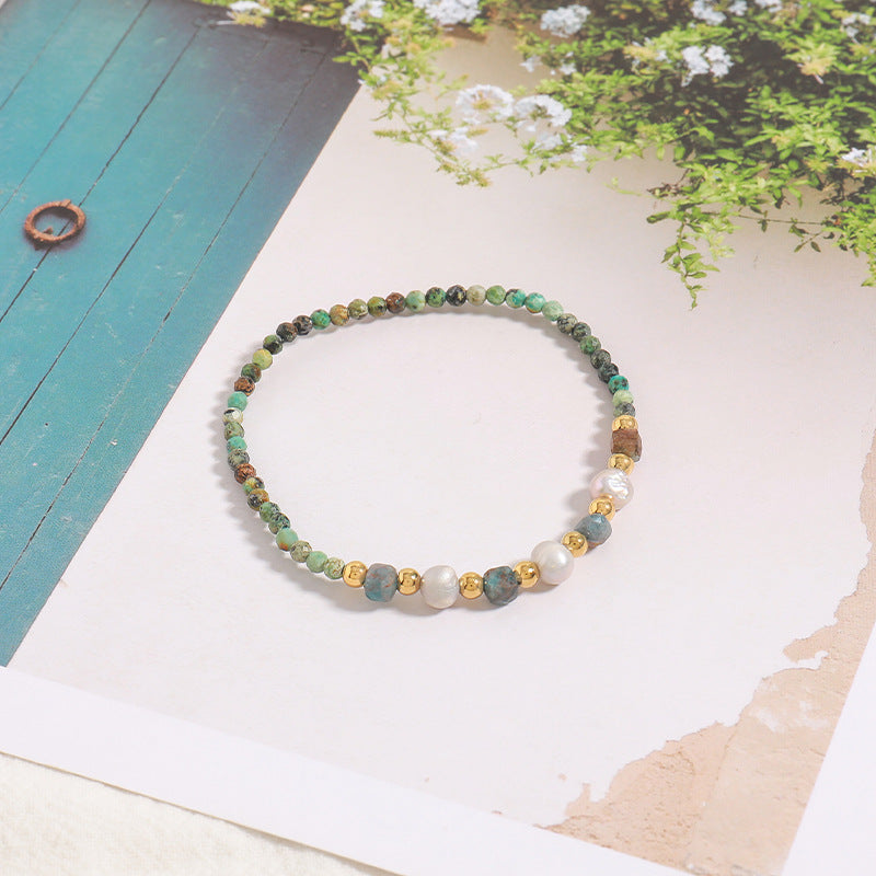 Handmade Bohemian Circular Geometric Bracelet - Genuine Gold Plated with Natural Stones, Stainless Steel & Freshwater Pearls