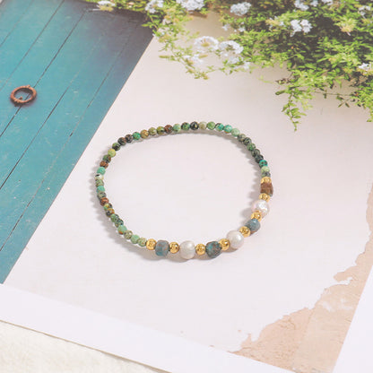 Handmade Bohemian Circular Geometric Bracelet - Genuine Gold Plated with Natural Stones, Stainless Steel & Freshwater Pearls