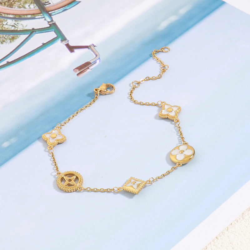 Handmade Floral Geometric Stainless Steel Bracelet - Gold Plated Light Luxury Adjustable Women's Jewelry