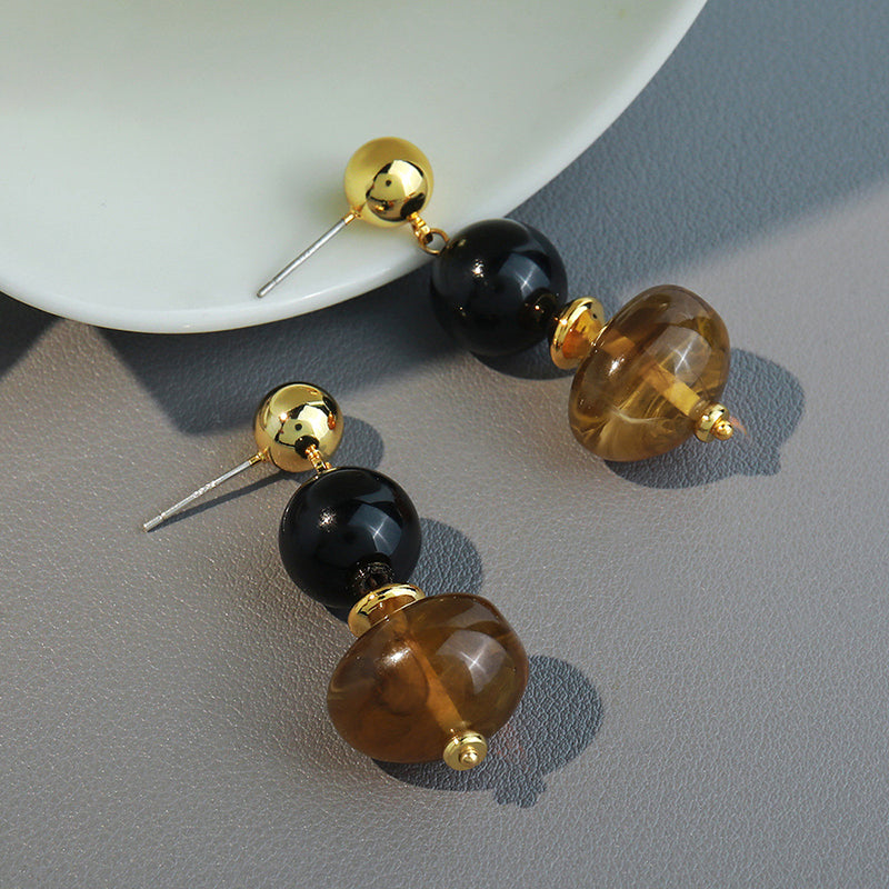 Handmade Geometric Amber Resin & Black Onyx Drop Earrings - Vintage Bohemian Style