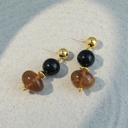 Handmade Geometric Amber Resin & Black Onyx Drop Earrings - Vintage Bohemian Style