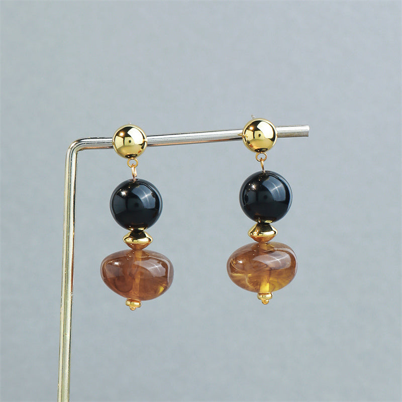 Handmade Geometric Amber Resin & Black Onyx Drop Earrings - Vintage Bohemian Style