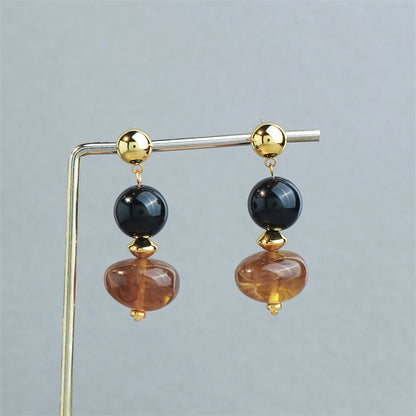 Handmade Geometric Amber Resin & Black Onyx Drop Earrings - Vintage Bohemian Style