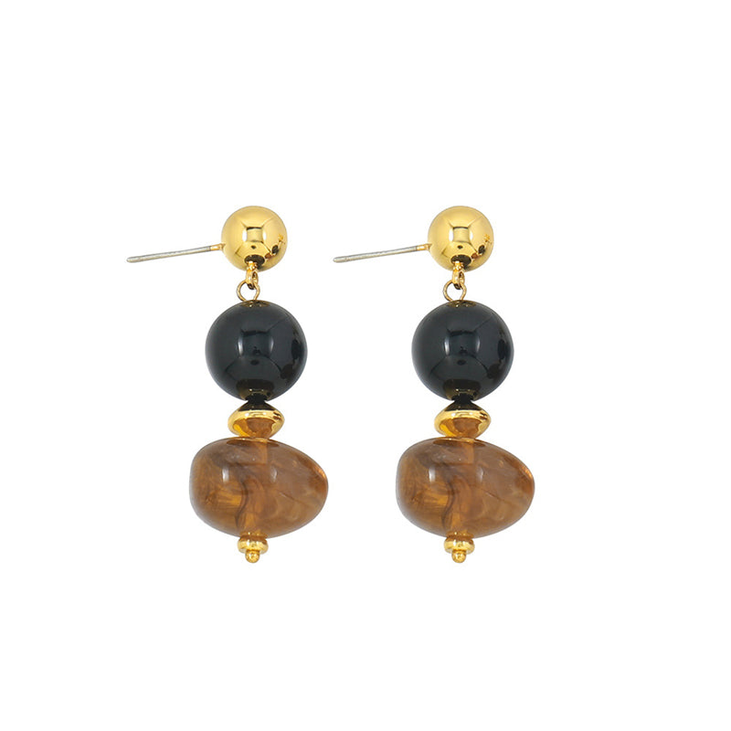 Handmade Geometric Amber Resin & Black Onyx Drop Earrings - Vintage Bohemian Style