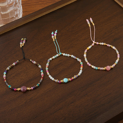 Handmade Geometric Circle Natural Stone Bracelet - Stainless Steel Light Luxury Style Adjustable Unisex Jewelry in Pink, Green, Purple