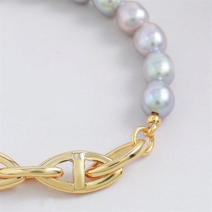 Handmade Geometric Circle & Ring Freshwater Pearl Bracelet - Genuine Gold Plated Copper 10.5g Light Luxury Women's Jewelry