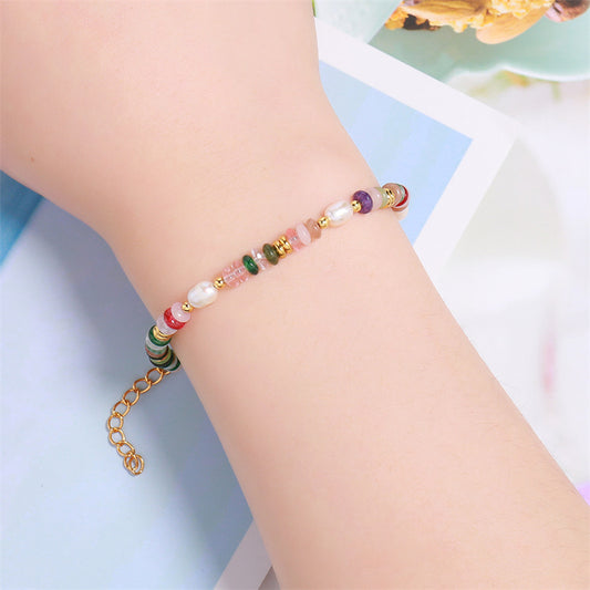 Handmade Geometric Circle & Square Natural Stone Bracelet - Mixed Stones with Stainless Steel, Cottagecore Style Sweet Fresh Adjustable Women's Jewelry