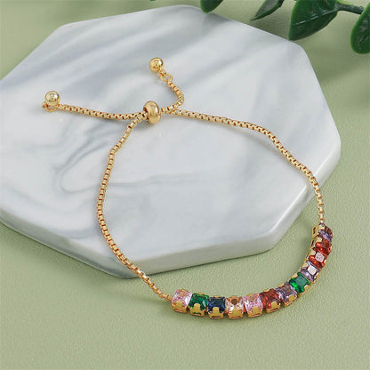 Handmade Geometric Circle & Square Zircon Bracelet - Genuine Gold Plated Copper Light Luxury Adjustable Women's Jewelry