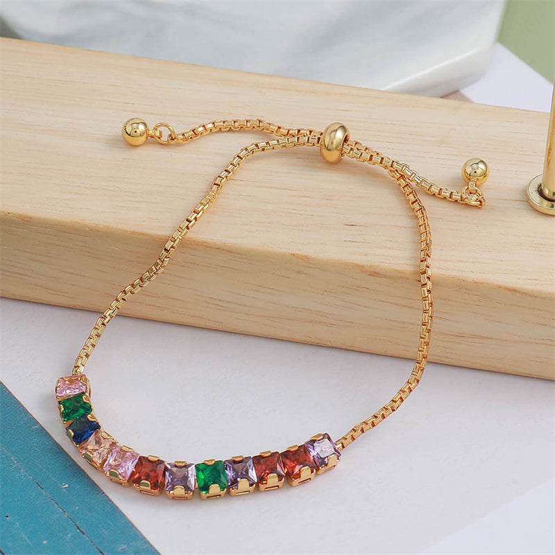 Handmade Geometric Circle & Square Zircon Bracelet - Genuine Gold Plated Copper Light Luxury Adjustable Women's Jewelry