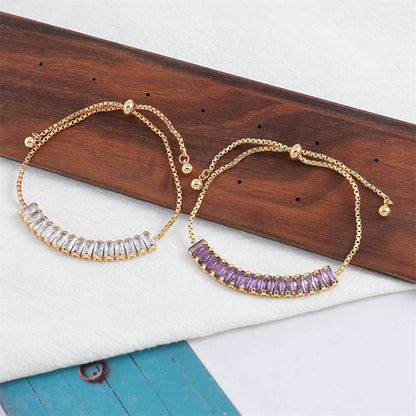 Handmade Geometric Circle & Square Zircon Bracelet - Genuine Gold Plated Copper, Light Luxury Style Adjustable Women's Jewelry in Silver & Purple