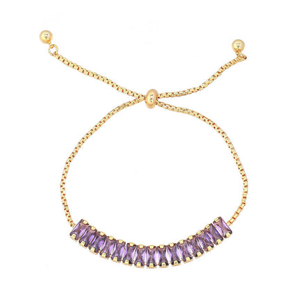 Handmade Geometric Circle & Square Zircon Bracelet - Genuine Gold Plated Copper, Light Luxury Style Adjustable Women's Jewelry in Silver & Purple