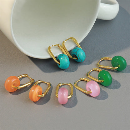 Handmade Geometric Drop Earrings with Natural Stone - Gold Plated Brass in Blue, Pink, Orange & Green