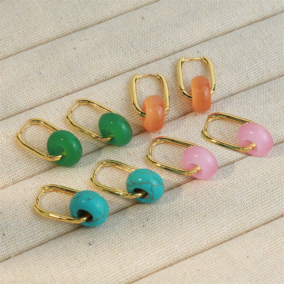Handmade Geometric Drop Earrings with Natural Stone - Gold Plated Brass in Blue, Pink, Orange & Green