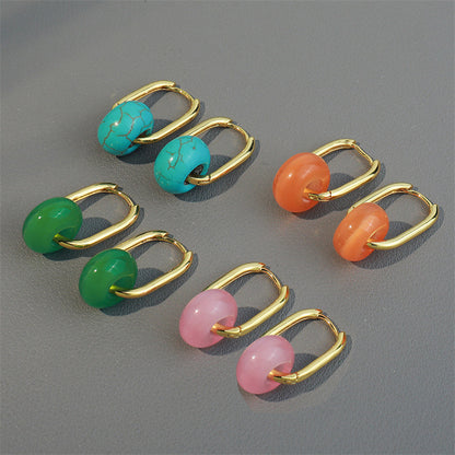 Handmade Geometric Drop Earrings with Natural Stone - Gold Plated Brass in Blue, Pink, Orange & Green