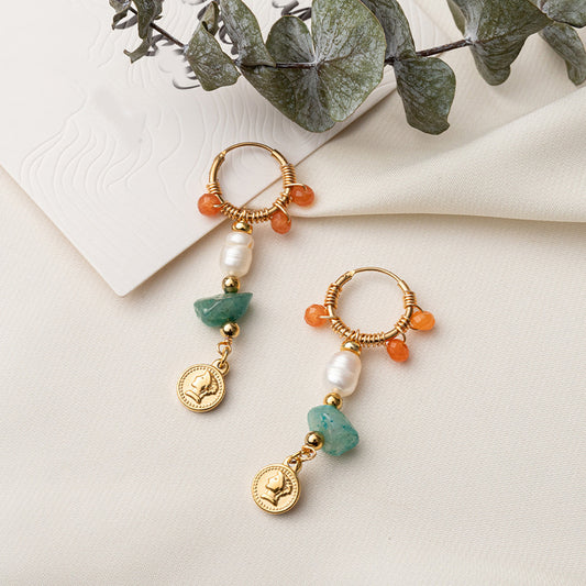 Handmade Geometric Drop Earrings with Natural Stone - Titanium Steel Gold Plated Minimalist Jewelry for Women