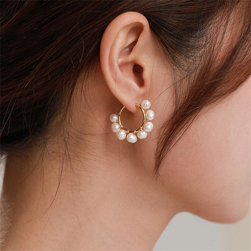 Handmade Geometric Gold-Plated Pearl Hoop Earrings with Natural Freshwater Pearl - 925 Silver Posts