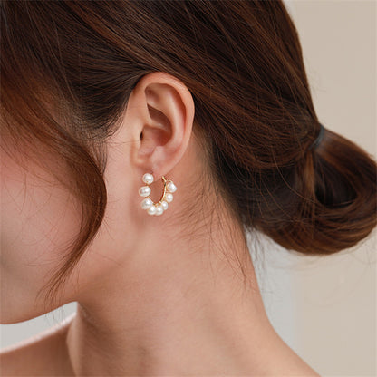 Handmade Geometric Gold-Plated Pearl Hoop Earrings with Natural Freshwater Pearl - 925 Silver Posts