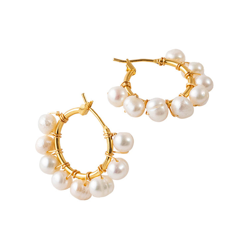 Handmade Geometric Gold-Plated Pearl Hoop Earrings with Natural Freshwater Pearl - 925 Silver Posts