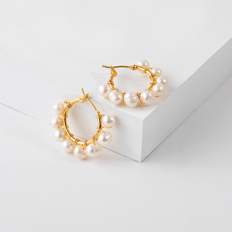 Handmade Geometric Gold-Plated Pearl Hoop Earrings with Natural Freshwater Pearl - 925 Silver Posts