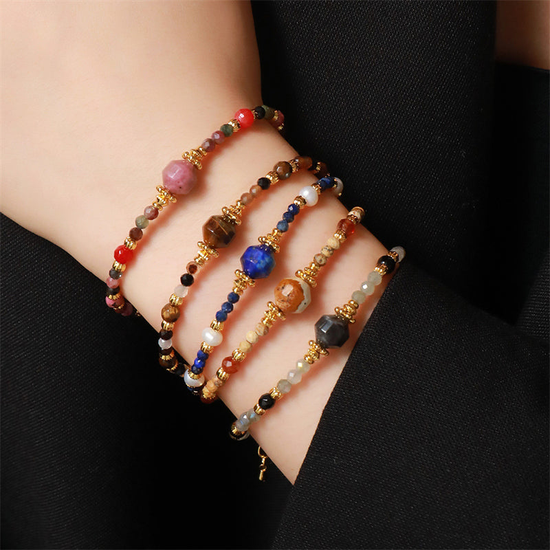 Handmade Geometric Hexagon Gemstone Bracelet for Women - Genuine Gold Plated Copper with Lapis Lazuli, Black Onyx, Tiger Eye, Tourmaline & Natural Stones