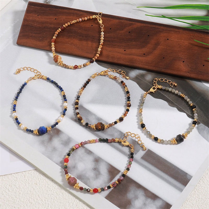Handmade Geometric Hexagon Gemstone Bracelet for Women - Genuine Gold Plated Copper with Lapis Lazuli, Black Onyx, Tiger Eye, Tourmaline & Natural Stones